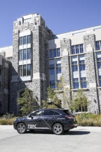 Torc vehicle in front of Godwin Hall at Virginia Tech.